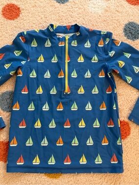 Primary Blue Sailboat Print Long-Sleeve Swim Zip Rashguard Size